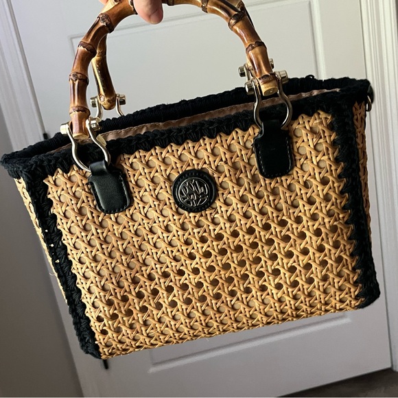 LILLY PULITZER MINI GREYDON CANE TOTE *ONYX* NATURAL BAMBOO - Picture 3 of 11